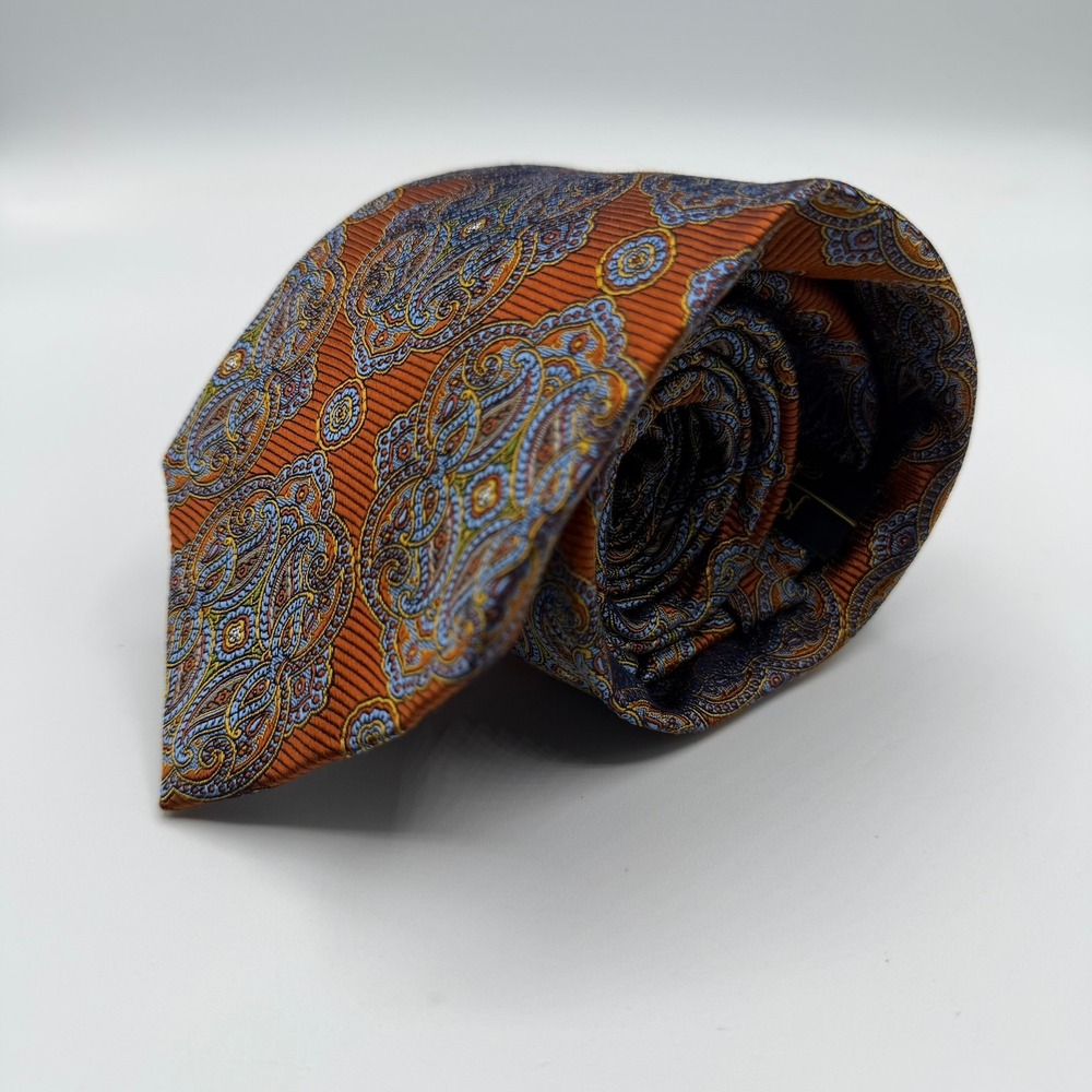 Jos. A. Bank Signature Gold Silk Tie Orange Blue Paisley Medallion Hand Made